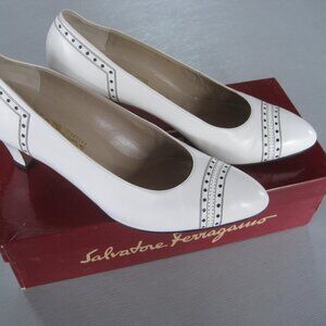 Salvatore FERRAGAMO White 2.75" High Heel Pumps with black accents.  "LULI" Wome